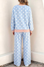 Pink polka dot long sleeve top and drawstring shift pants set by Dear-Lover, casual two-piece outfit with contrast trim.