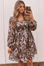 Brown Abstract Floral Print Square Neck Long Sleeve Mini Shift Dress