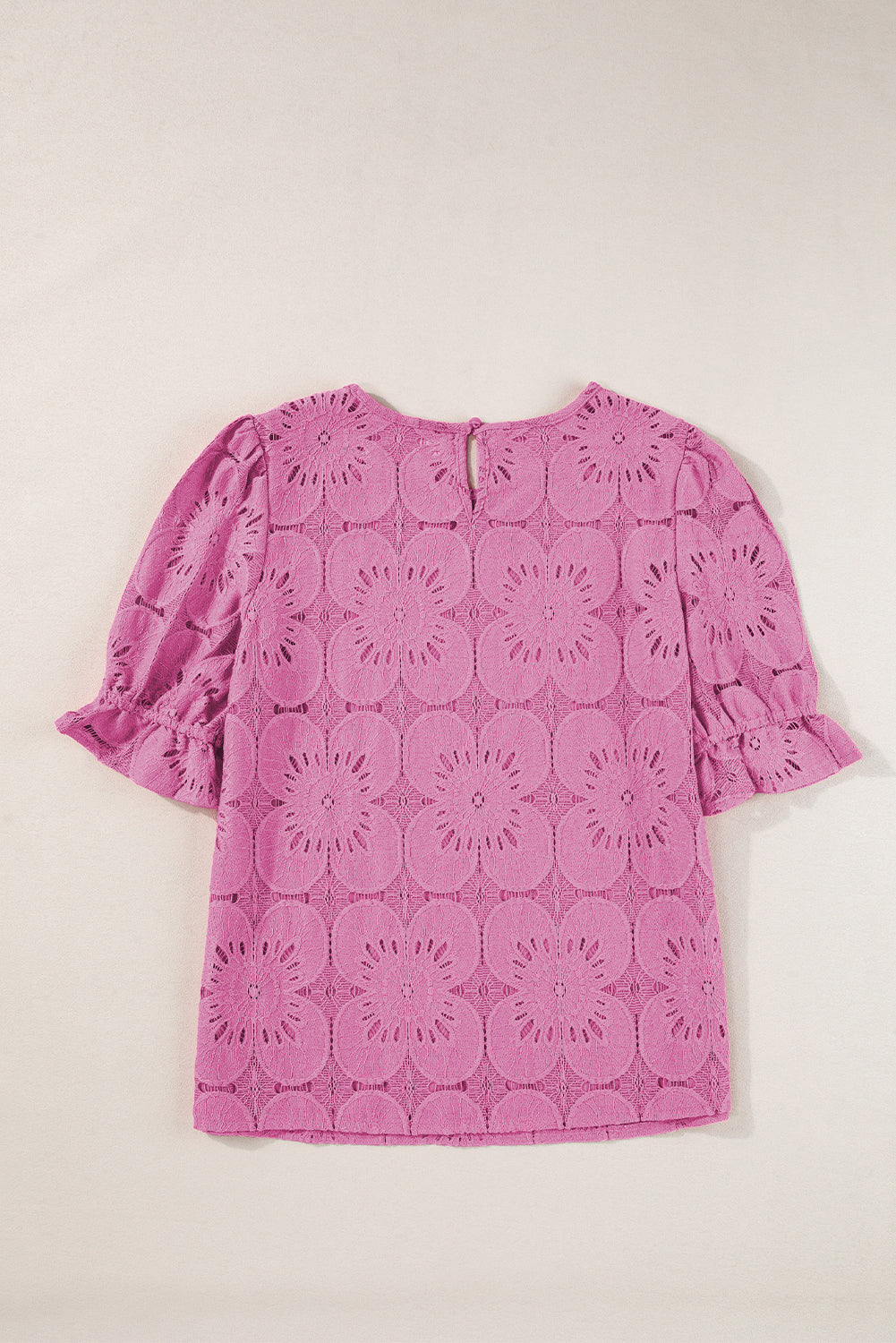 Flower Eyelet Jacquard Keyhole Flounce Sleeve Top