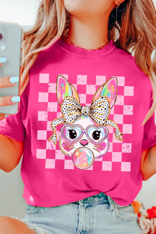 Rose Red Plaid Bubble Gum Rabbit Graphic Easter T Shirt