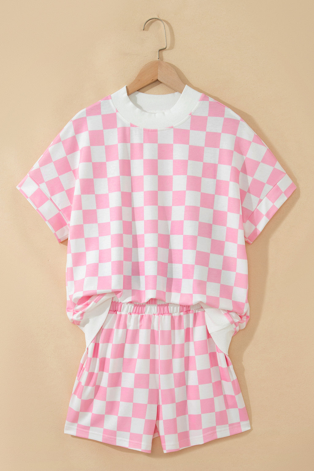 Pink Checkered Print Color Block Trim Mock Neck Short Set