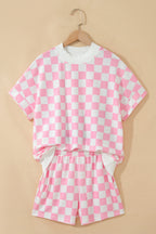 Pink Checkered Print Color Block Trim Mock Neck Short Set