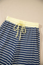 Blue stripe color block patchwork zip V-neck pullover with matching loose pants, two-piece set by Dear-Lover.