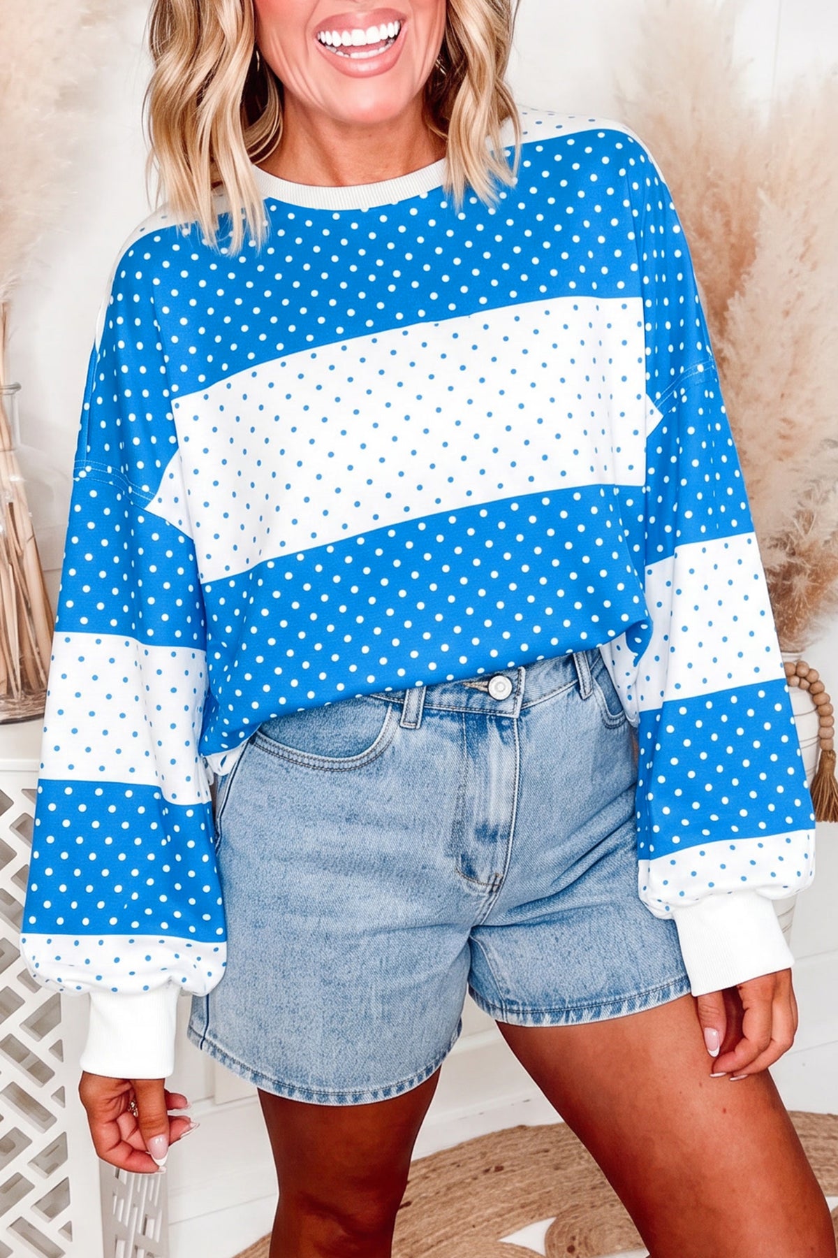 Brown Polka Dot Patchwork Colorblock Long Sleeve Top