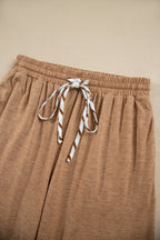 Gray Stripe V Neck Ruffle Contrast Sleeve Top Drawstring Pants 2pcs Set