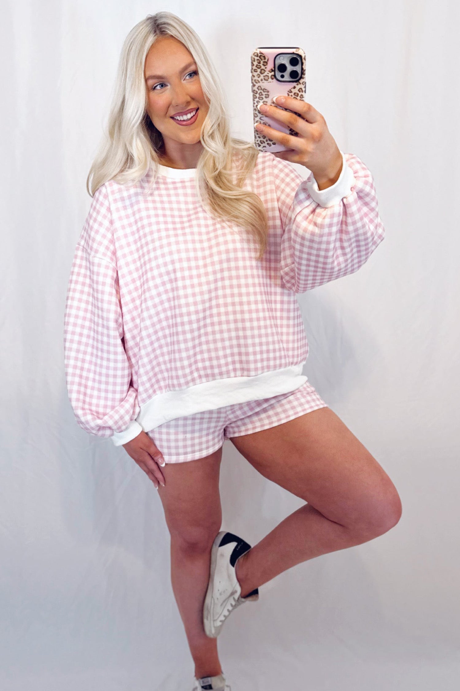 Sky Blue Plaid Baggy Pullover Drawstring Casual Shorts 2pcs Outfit