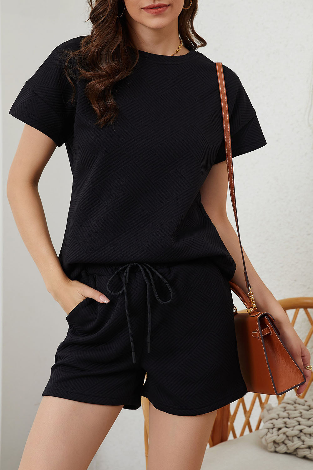 Solid Textured Drawstring Shorts Set