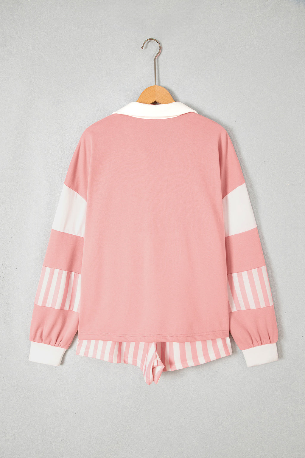 Smoke Green Striped Color Block Pullover Top Drawstring Shorts Set