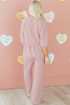 Delicately Braided Texture Ruffle Hem Top Drawstring Loose Pants Set
