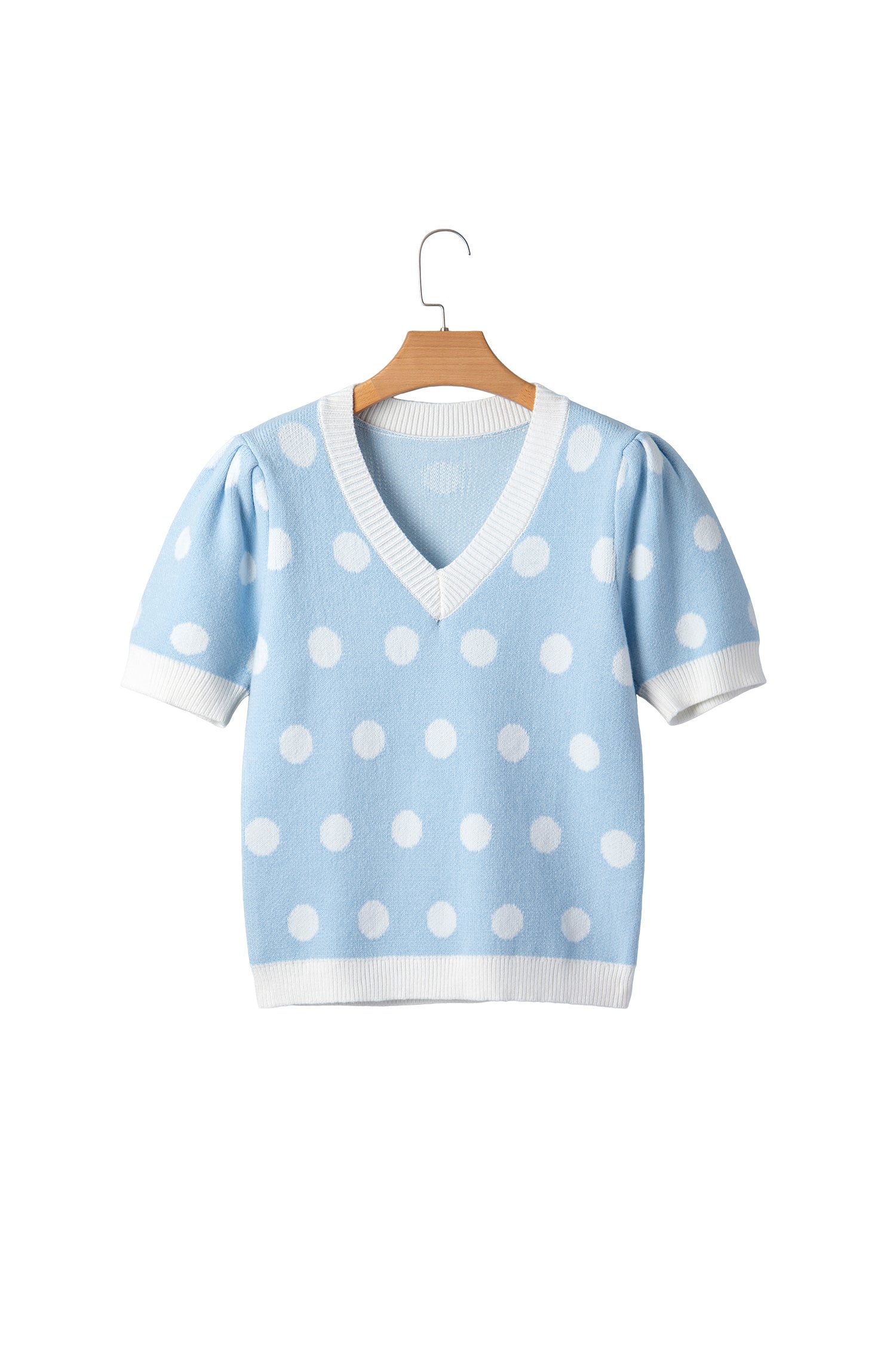 Rose Red Polka Dot Puff Short Sleeve Sweater Top