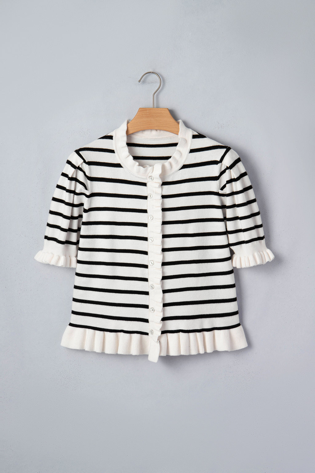 Beige Stripe Ruffle Trim Button Down Knit Short Sleeve Sweater Cardigan