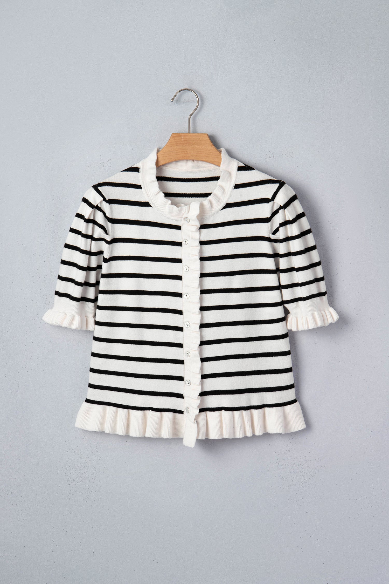 Beige Stripe Ruffle Trim Button Down Knit Short Sleeve Sweater Cardigan