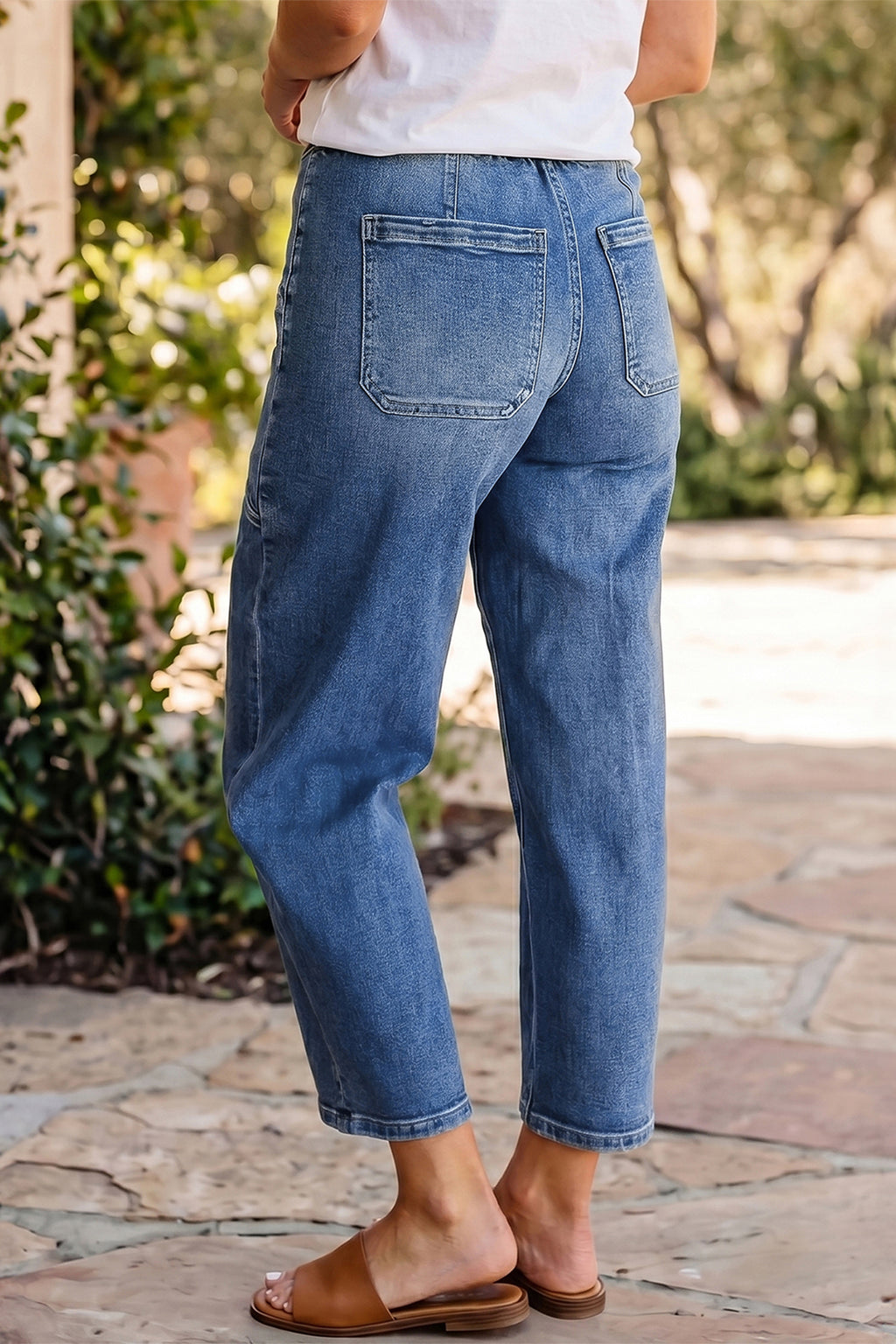 Black drawstring ankle-length casual jeans with pocket details, regular fit denim pants by Dear-Lover.