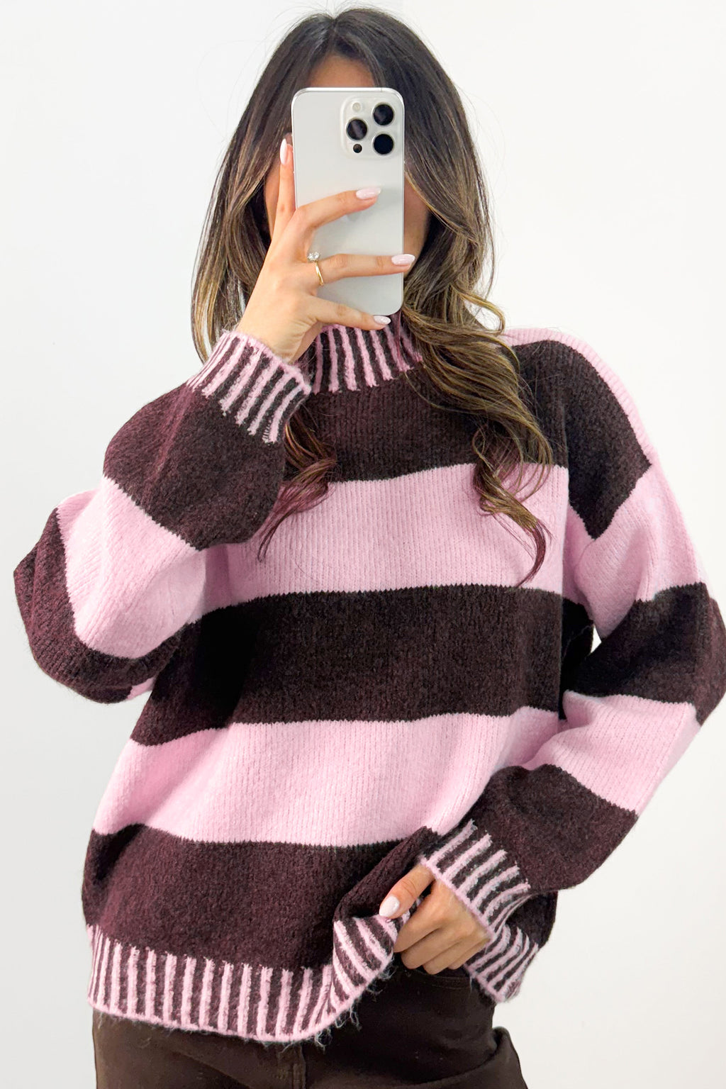 Sky Blue Stripe Contrast High Neck Dropped Shoulder Relaxed Pullover Sweater