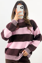 Sky Blue Stripe Contrast High Neck Dropped Shoulder Relaxed Pullover Sweater
