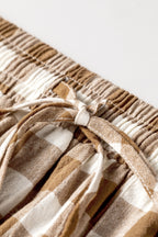 Brown gingham plaid tie elastic waist shift pants from Dear-Lover, showcasing relaxed fit and stylish casual bottoms.
