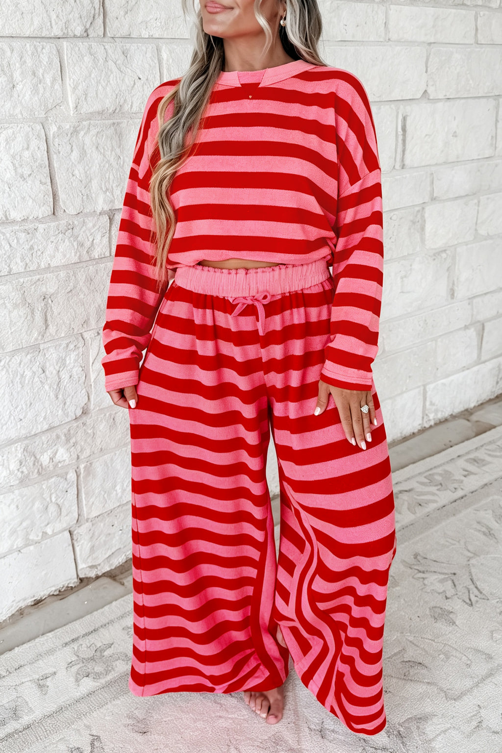 Red Stripe Dear-Lover two-piece drop shoulder pullover and loose pants set, casual and stylish for comfortable everyday wear.