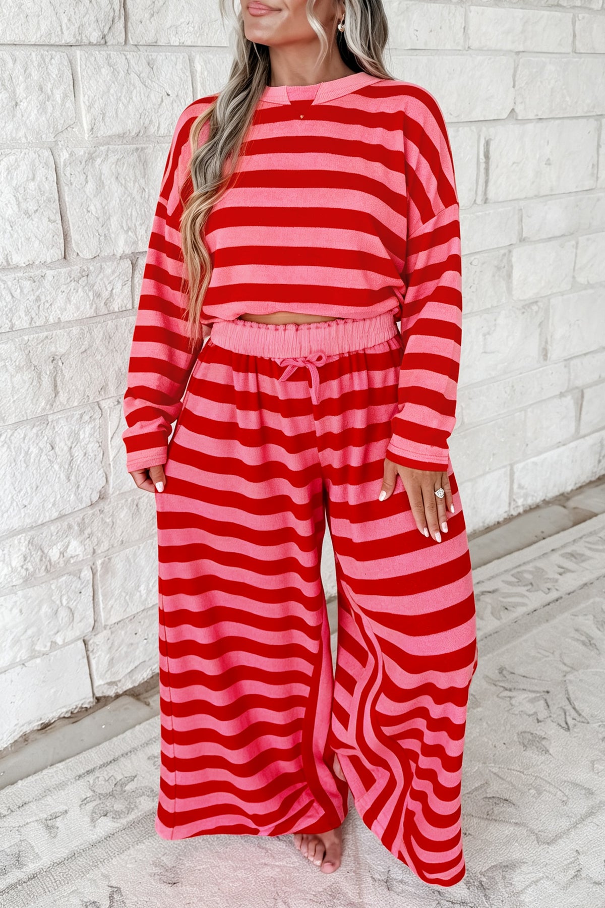 Red Stripe Dear-Lover two-piece drop shoulder pullover and loose pants set, casual and stylish for comfortable everyday wear.