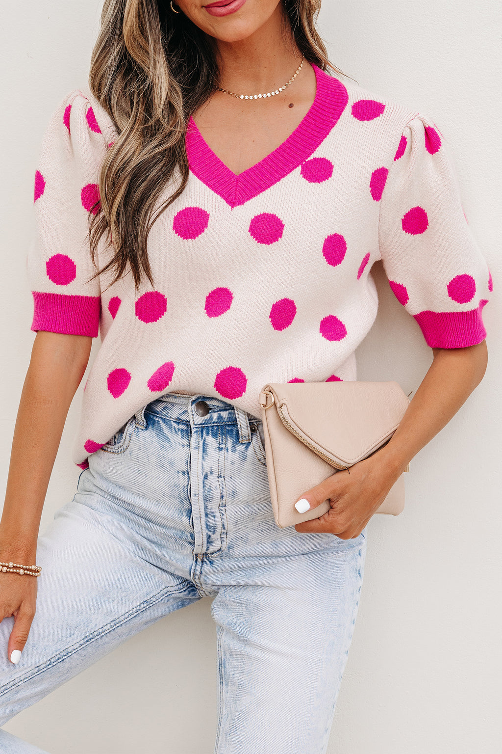Rose Red Polka Dot Puff Short Sleeve Sweater Top