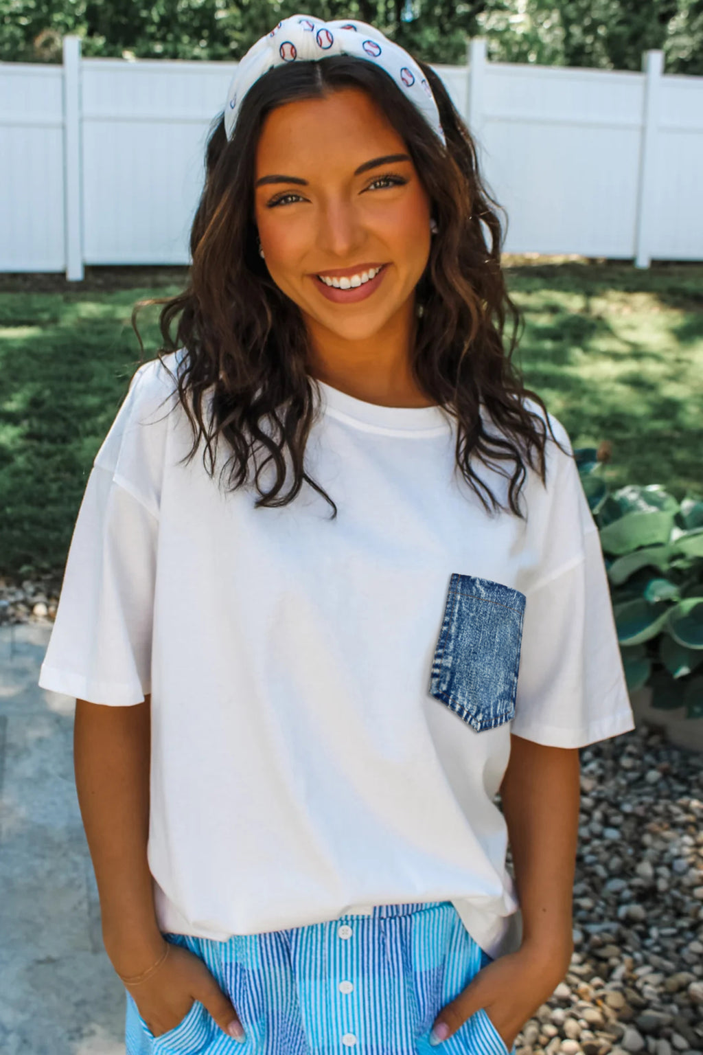 Sail Blue Color Block Chest Pocket Patched Casual Short Sleeve Top