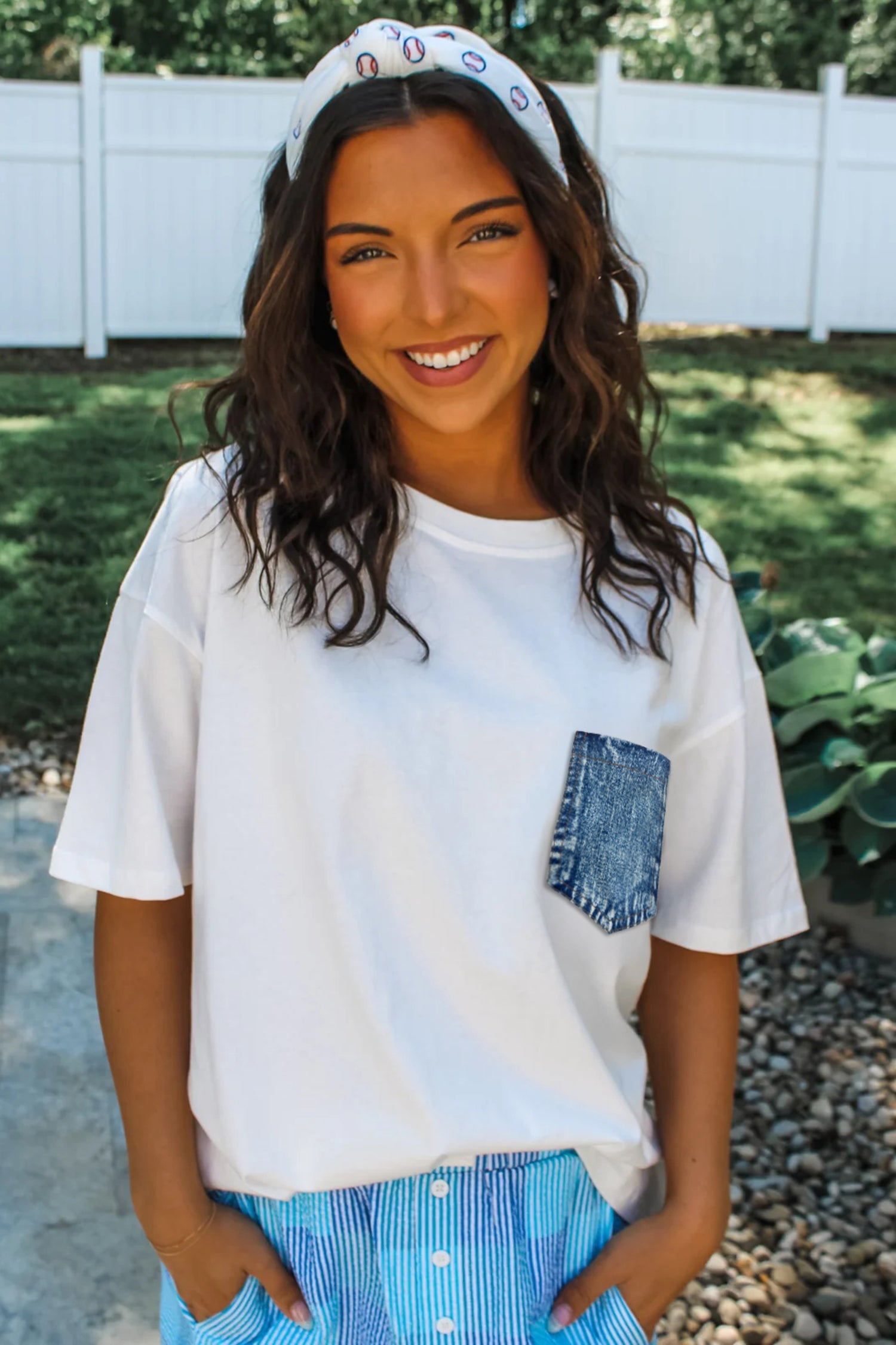 Sail Blue Color Block Chest Pocket Patched Casual Short Sleeve Top