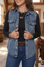 Ashleigh Blue Solid Denim Button Front Pocket Sleeveless Cowboy Vest