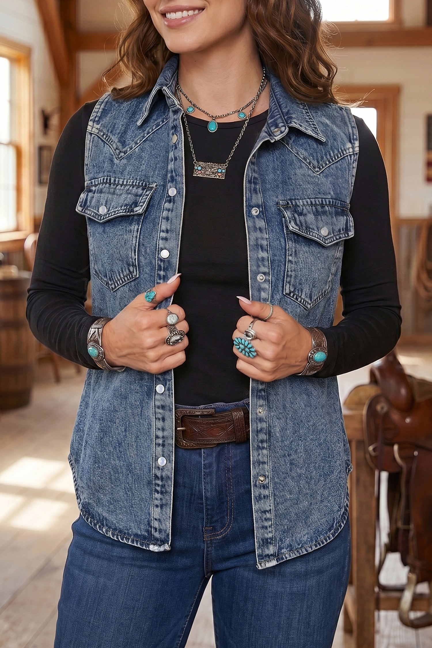 Ashleigh Blue Solid Denim Button Front Pocket Sleeveless Cowboy Vest