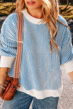 Striped Textured Knit Contrast Edge Loose Sweater