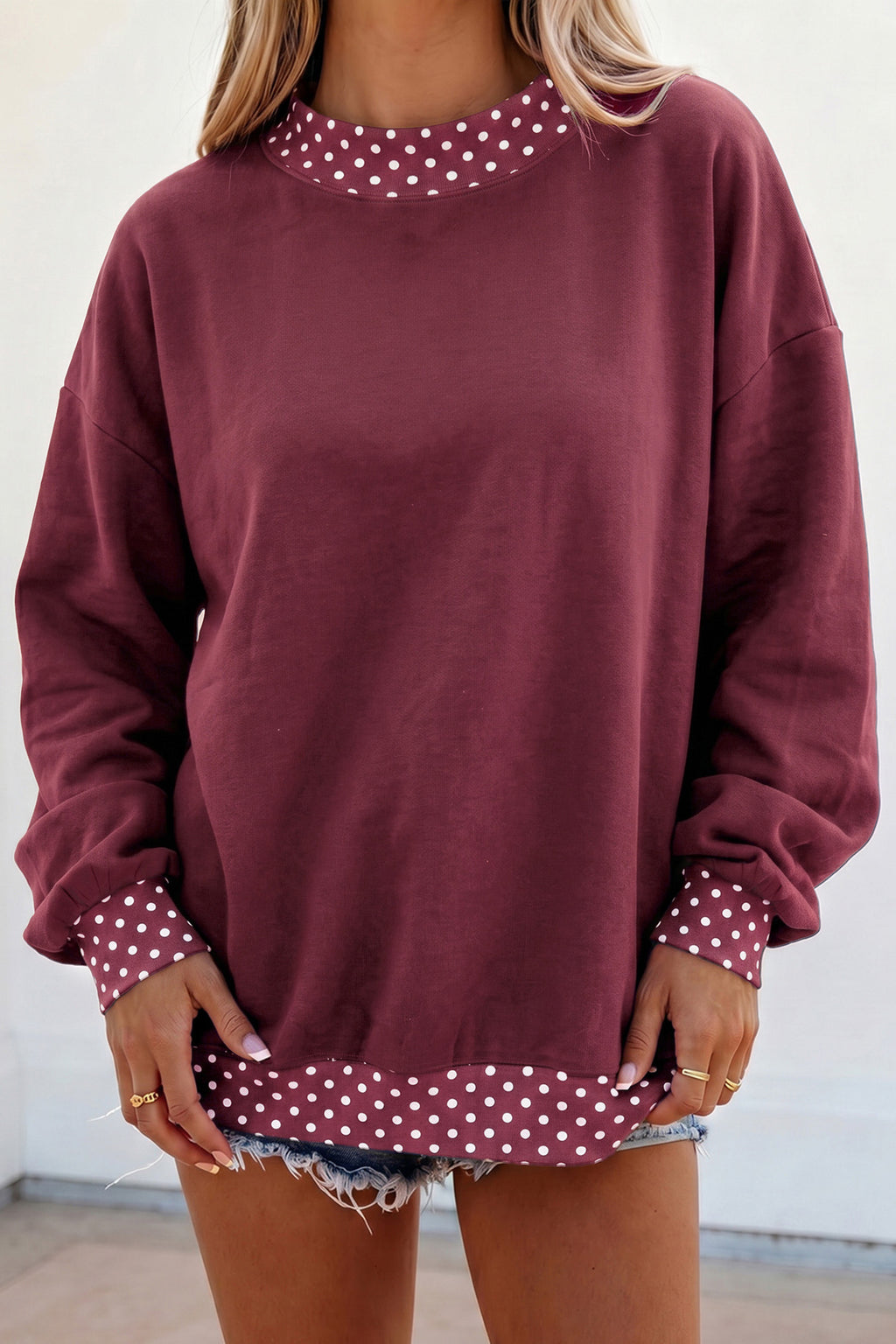 Brown Colorblock Polka Dot Contrast Trim Oversized Sweatshirt