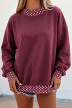 Brown Colorblock Polka Dot Contrast Trim Oversized Sweatshirt