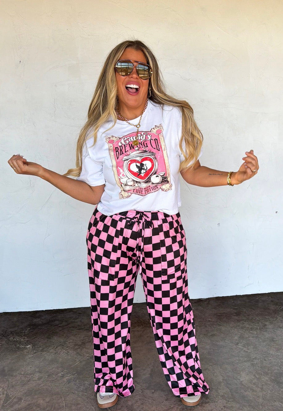 Pink/Black Checkered Wide Leg Pants