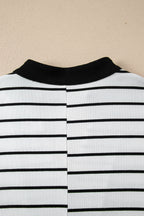 Black Stripe Stand Collar V Neck Elastic Cuffs Half Sleeve Dolman Top