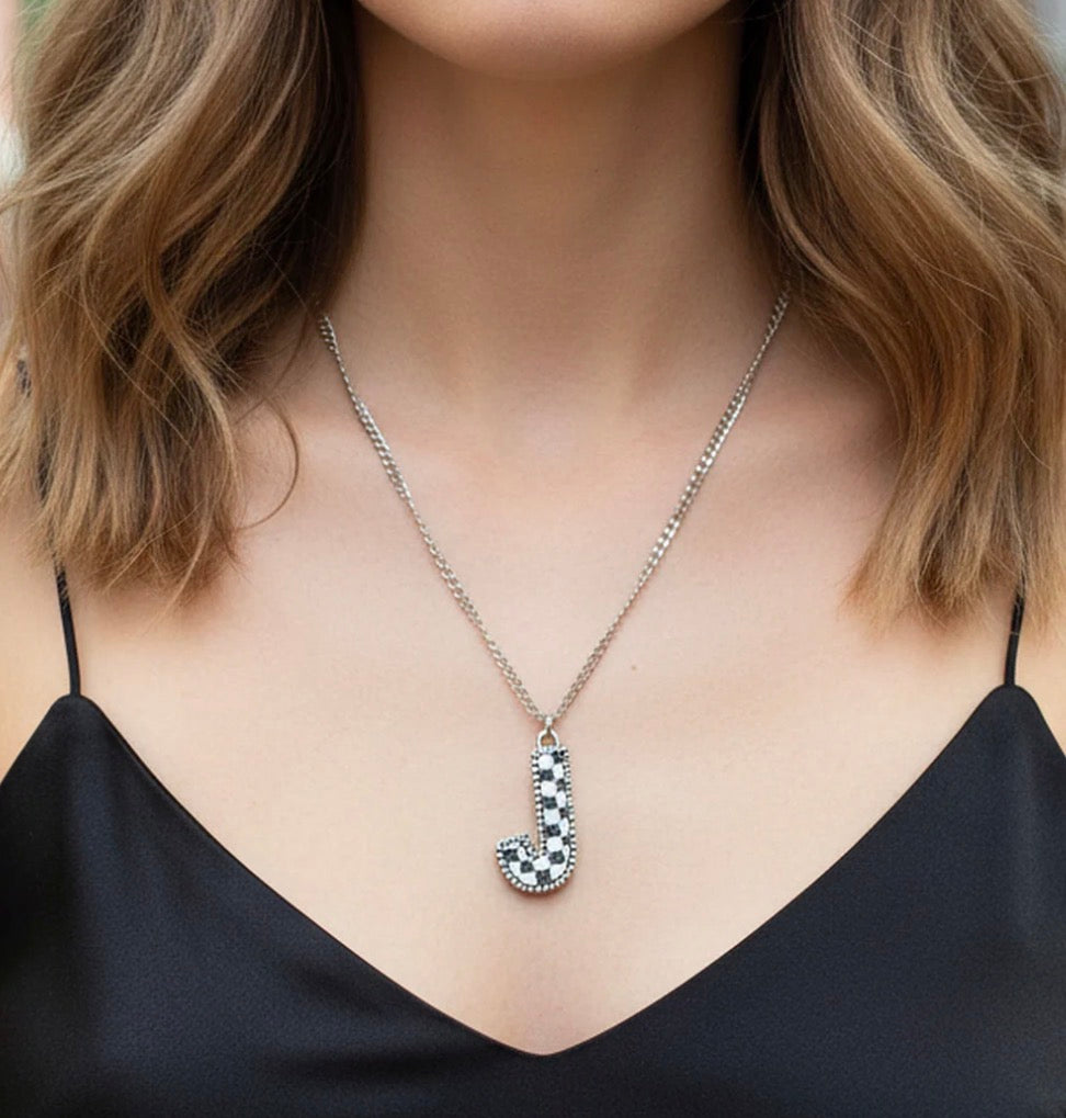 Checkered Initial Necklace - Black and White