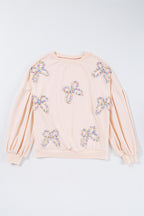 Parchment Embroidered Bow Lantern Sleeve Oversized Pullover Sweatshirt