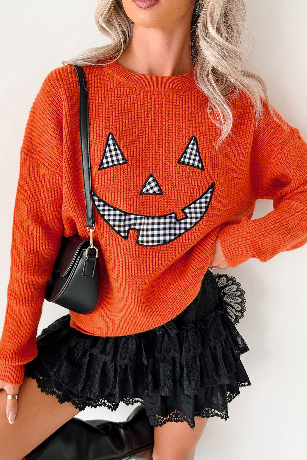 Orange Drop Shoulder Long Sleeve Round Neck Halloween Sweater