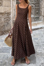 Brown Polka Dot Print Square Neck Sleeveless Vacation Long Dress