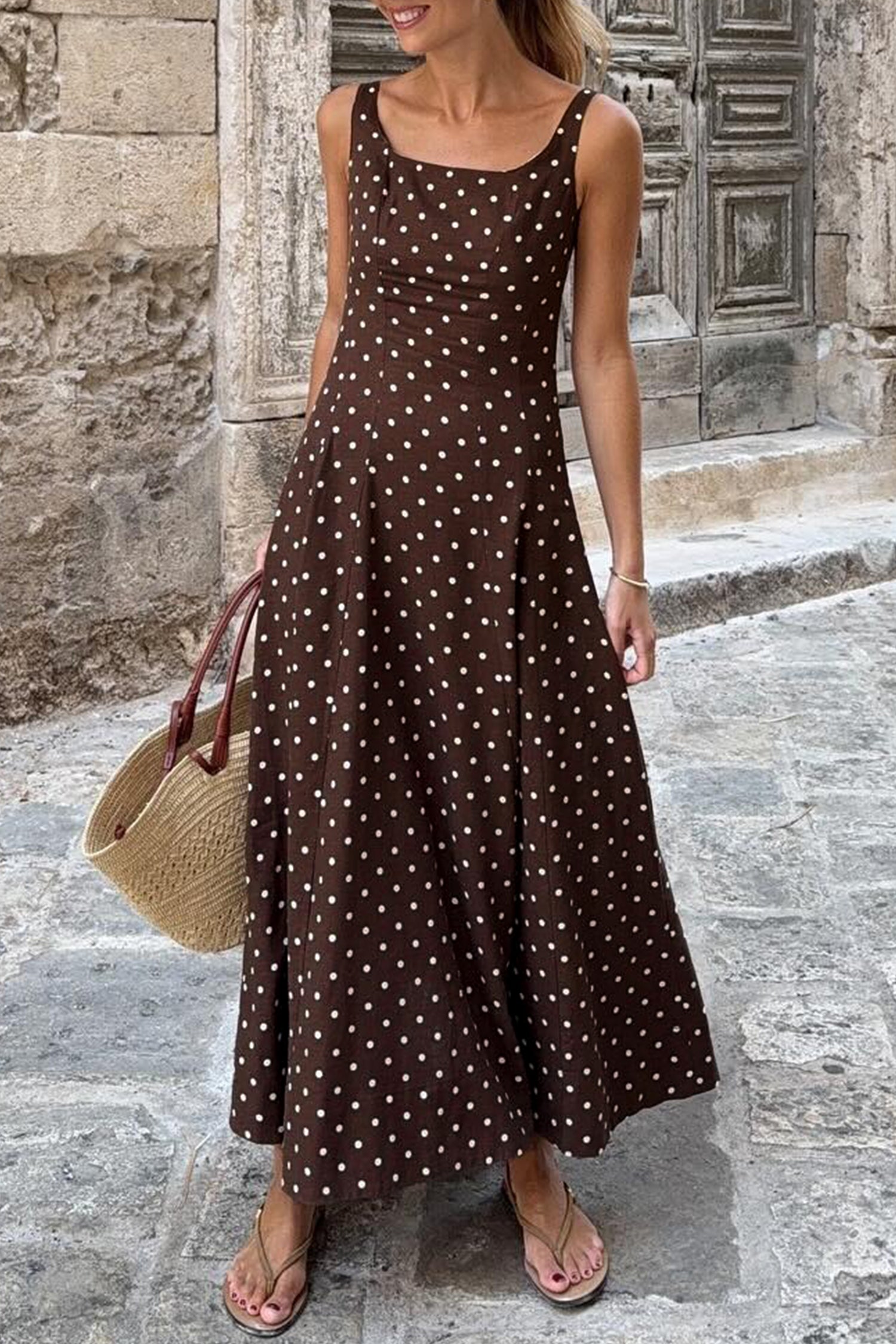Brown Polka Dot Print Square Neck Sleeveless Vacation Long Dress