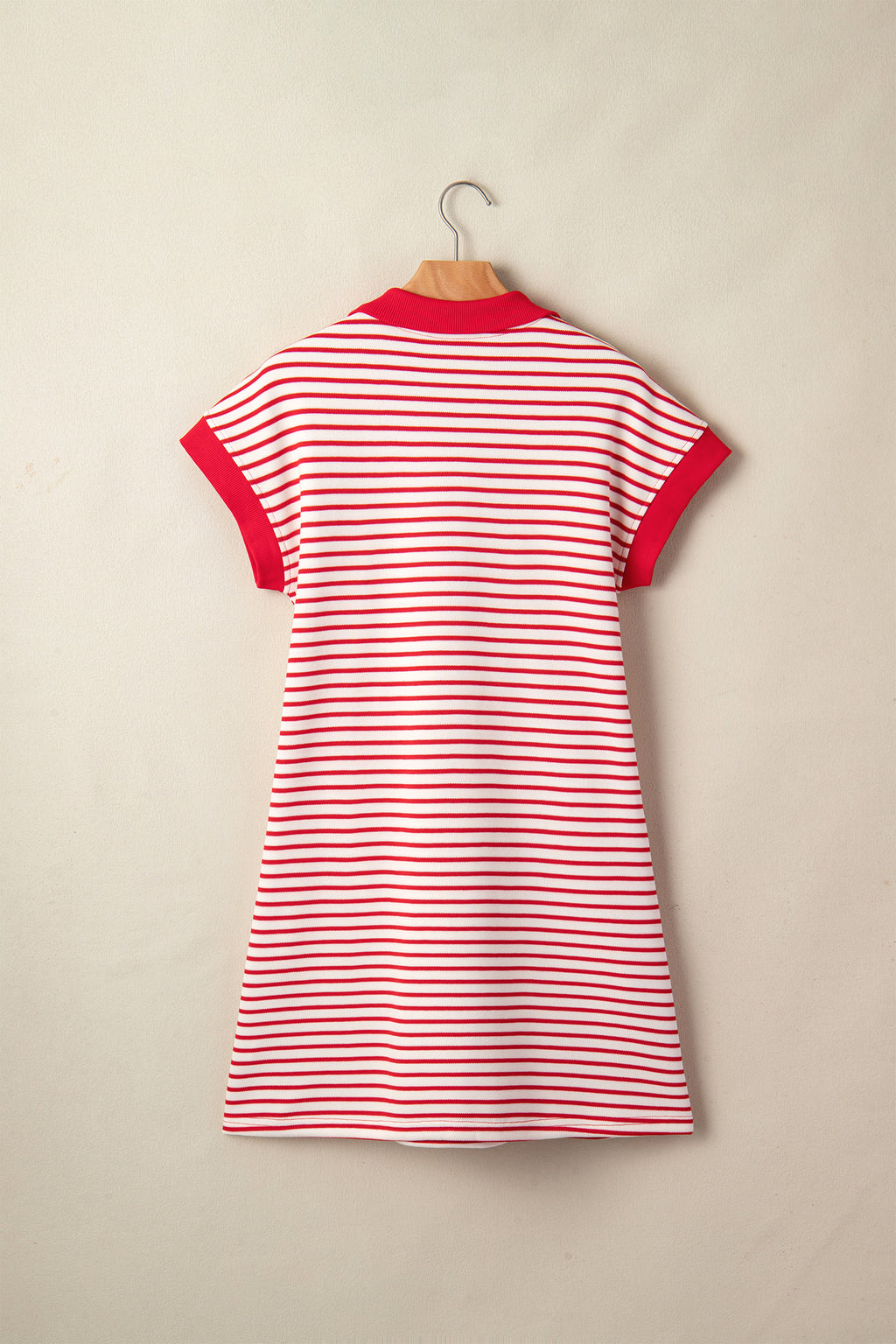 Red Stripe Quarter Zip Polo Collar T Shirt Dress with Pockets