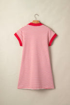 Red Stripe Quarter Zip Polo Collar T Shirt Dress with Pockets