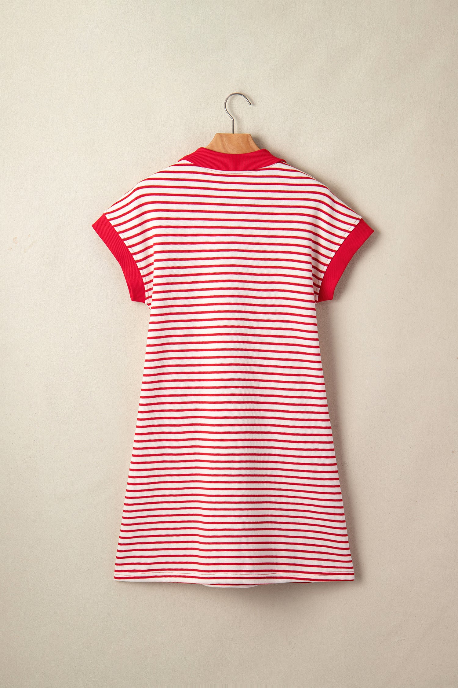 Red Stripe Quarter Zip Polo Collar T Shirt Dress with Pockets