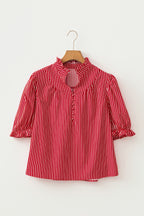 Stripe Ruffled Short Puff Sleeve Button Front Blouse