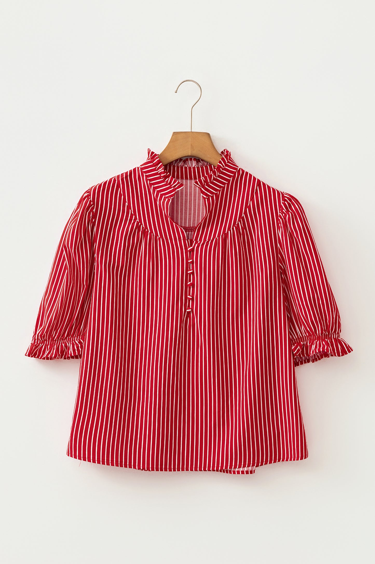 Stripe Ruffled Short Puff Sleeve Button Front Blouse