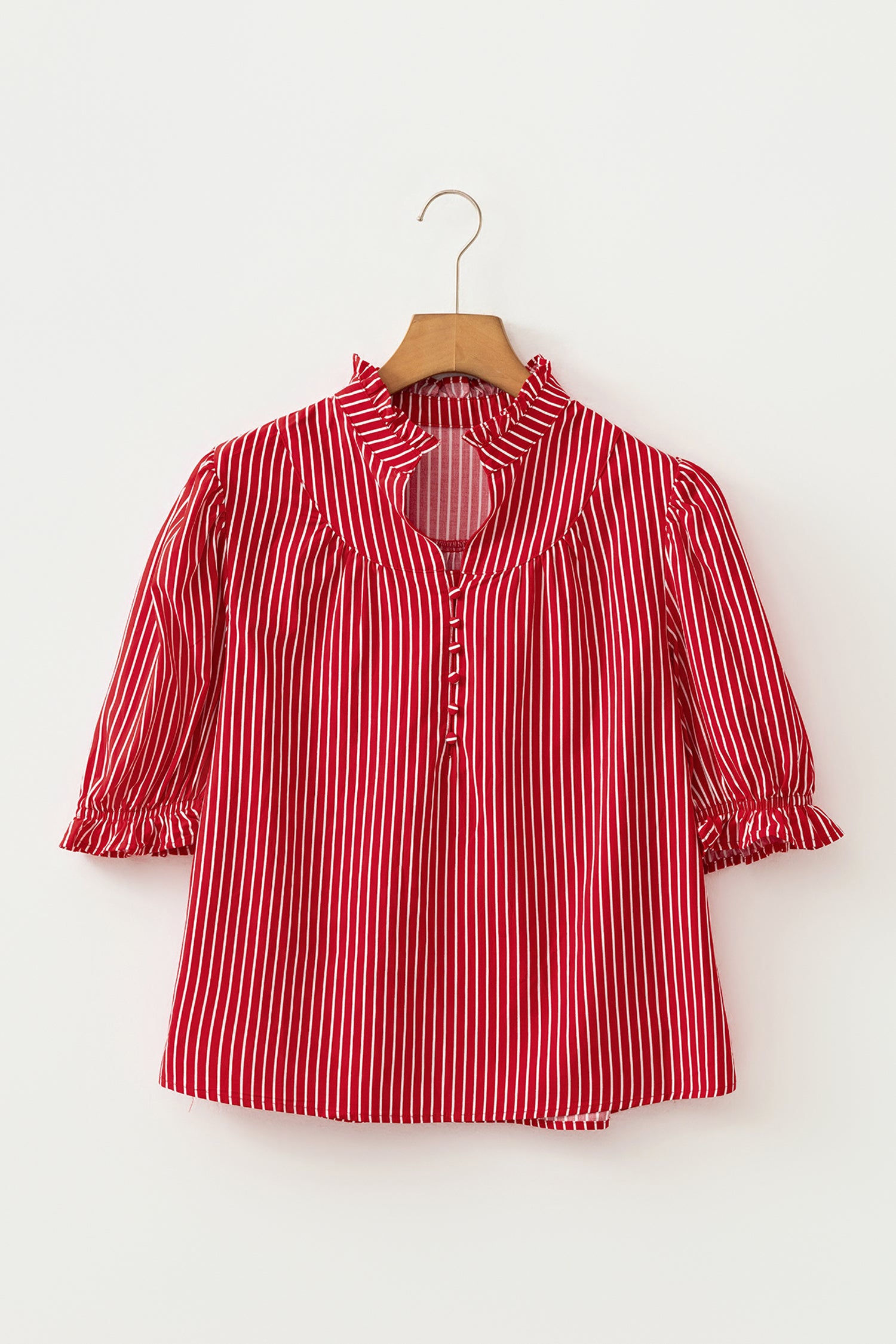 Stripe Ruffled Short Puff Sleeve Button Front Blouse