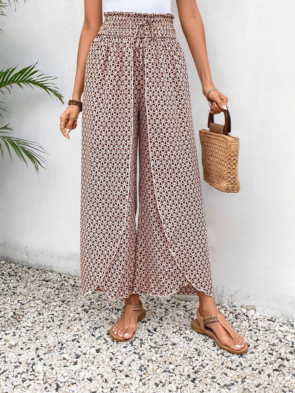 Black Bohemian Print Slit Wide Leg Smocked High Waist Pants