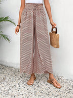 Black Bohemian Print Slit Wide Leg Smocked High Waist Pants