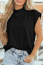 Black Solid Color High Neck Cap Sleeve Loose Top