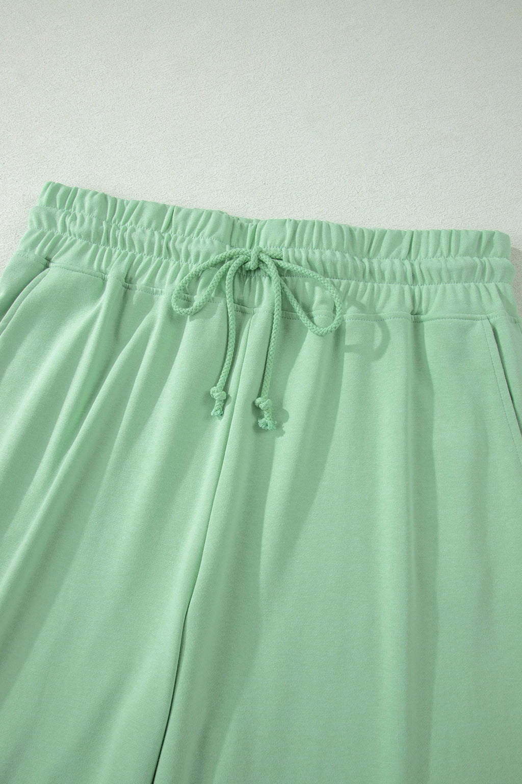 Mist Blue Solid Color Ribbed Trim Short Sleeve Top Drawstring Loose Pants 2pcs Outfit