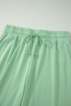 Mist Blue Solid Color Ribbed Trim Short Sleeve Top Drawstring Loose Pants 2pcs Outfit