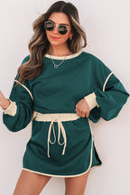 Rose Red Color Contrast Loose Pullover and Lace-up Waist Skort Set