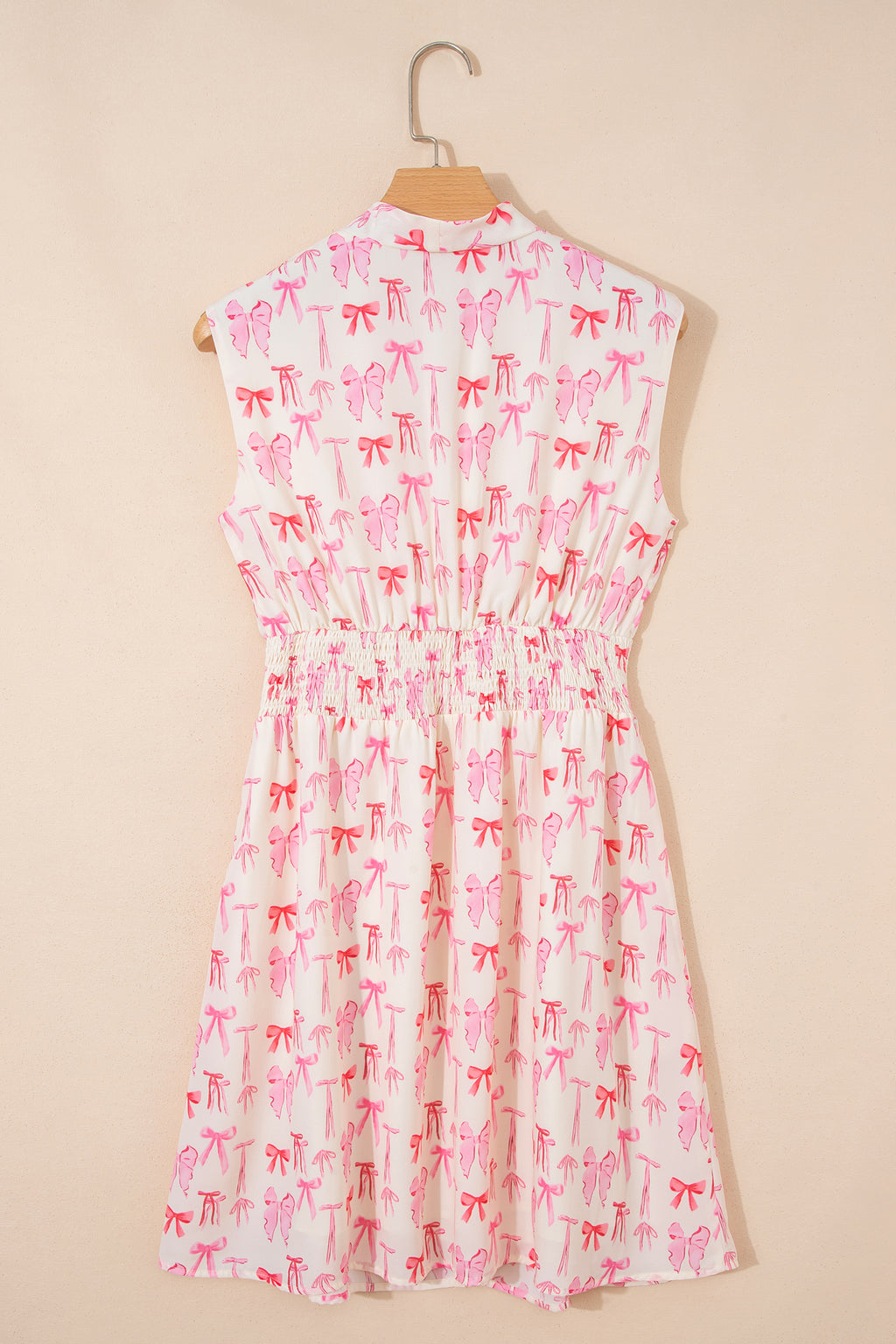Pink Full Zip Cinched Waist Sleeveless Bow Mini Dress